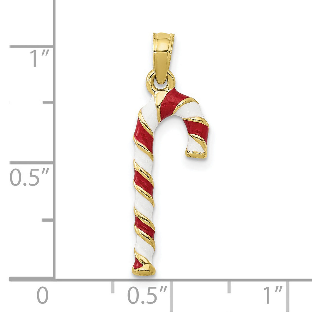 10k Yellow Gold Candy Cane Pendant with Red and White Enamel Stripes, Christmas Charm