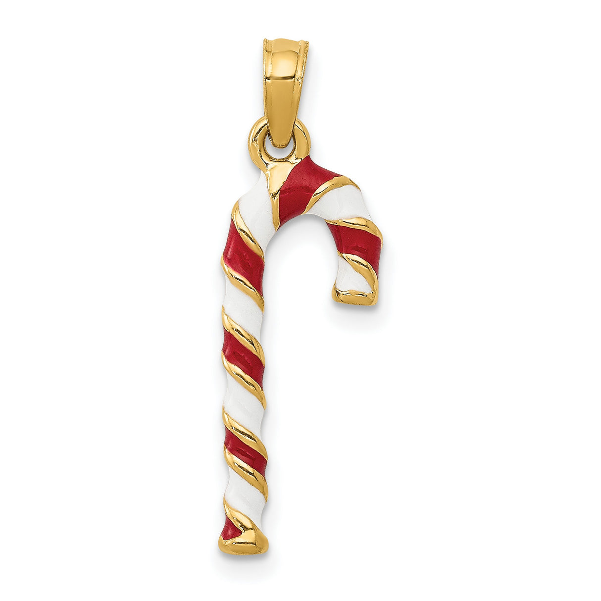 10k Yellow Gold Candy Cane Pendant with Red and White Enamel Stripes, Christmas Charm