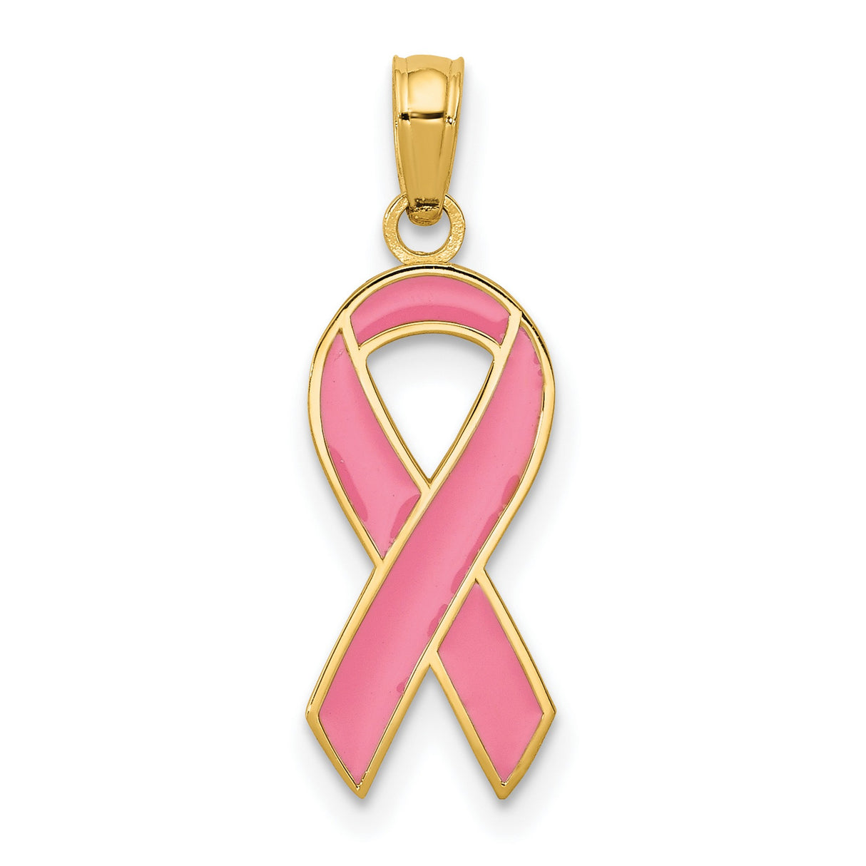 10k Yellow Gold Pink Ribbon Pendant, Breast Cancer Awareness Enamel Charm for Women