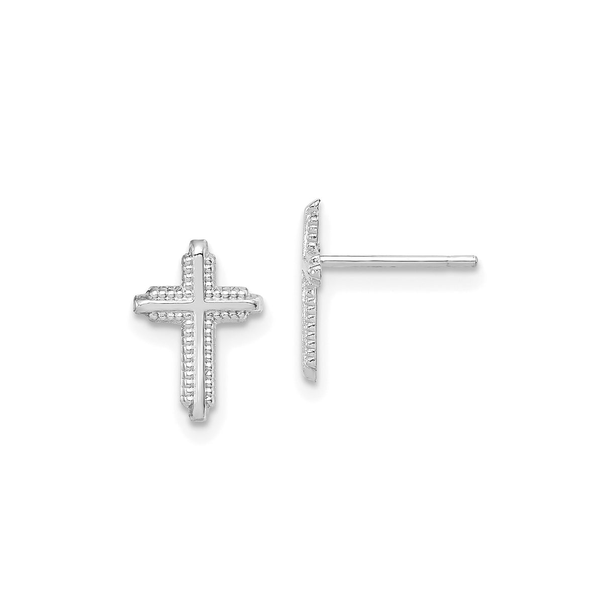 10k White Gold Cross Stud Earrings with Milgrain Beaded Design for Men and Women