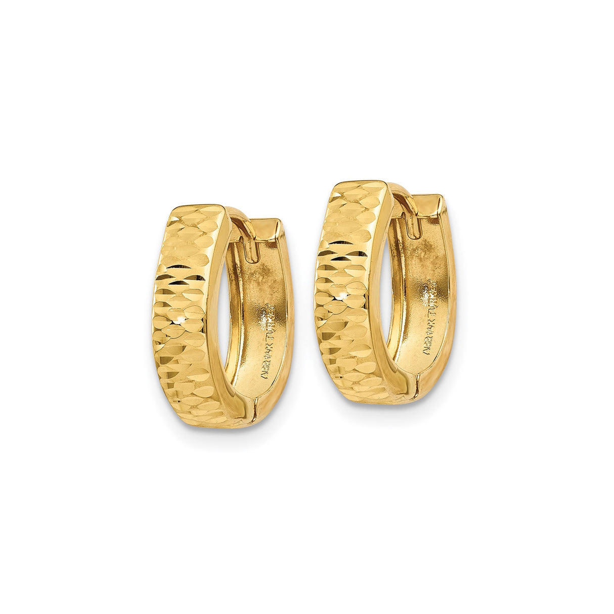 10k Yellow Gold Hoop Earrings, Textured Diamond-Cut Finish, Classic Polished Hinged Hoops