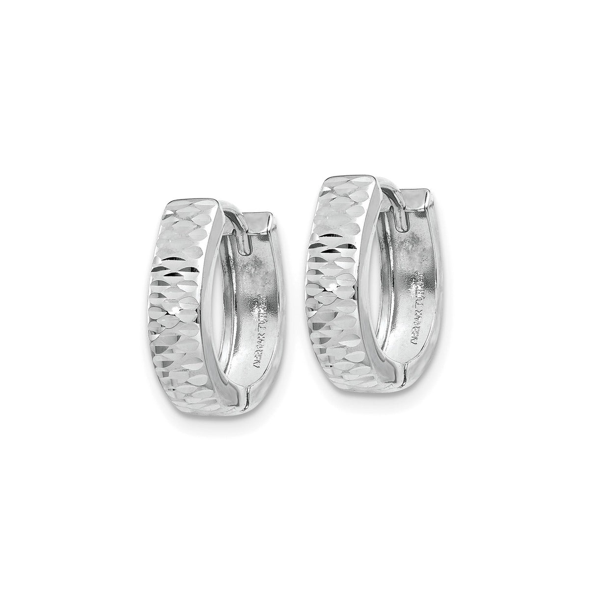 10k White Gold Hoop Earrings, Diamond Cut Textured Finish, Lightweight Hinged Design