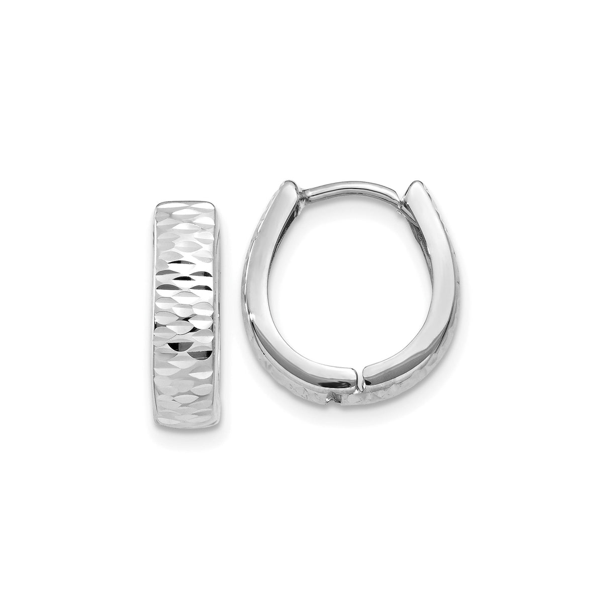 10k White Gold Hoop Earrings, Diamond Cut Textured Finish, Lightweight Hinged Design
