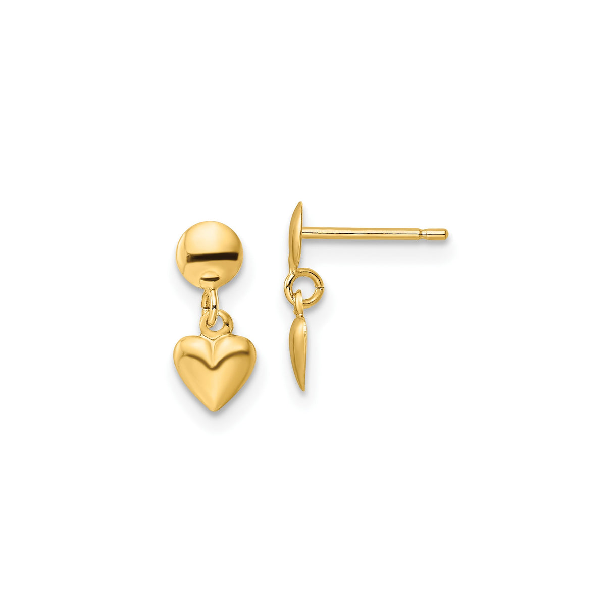 10k Yellow Gold Heart Dangle Earrings with Polished Puffed Charm, Lightweight Drop Design