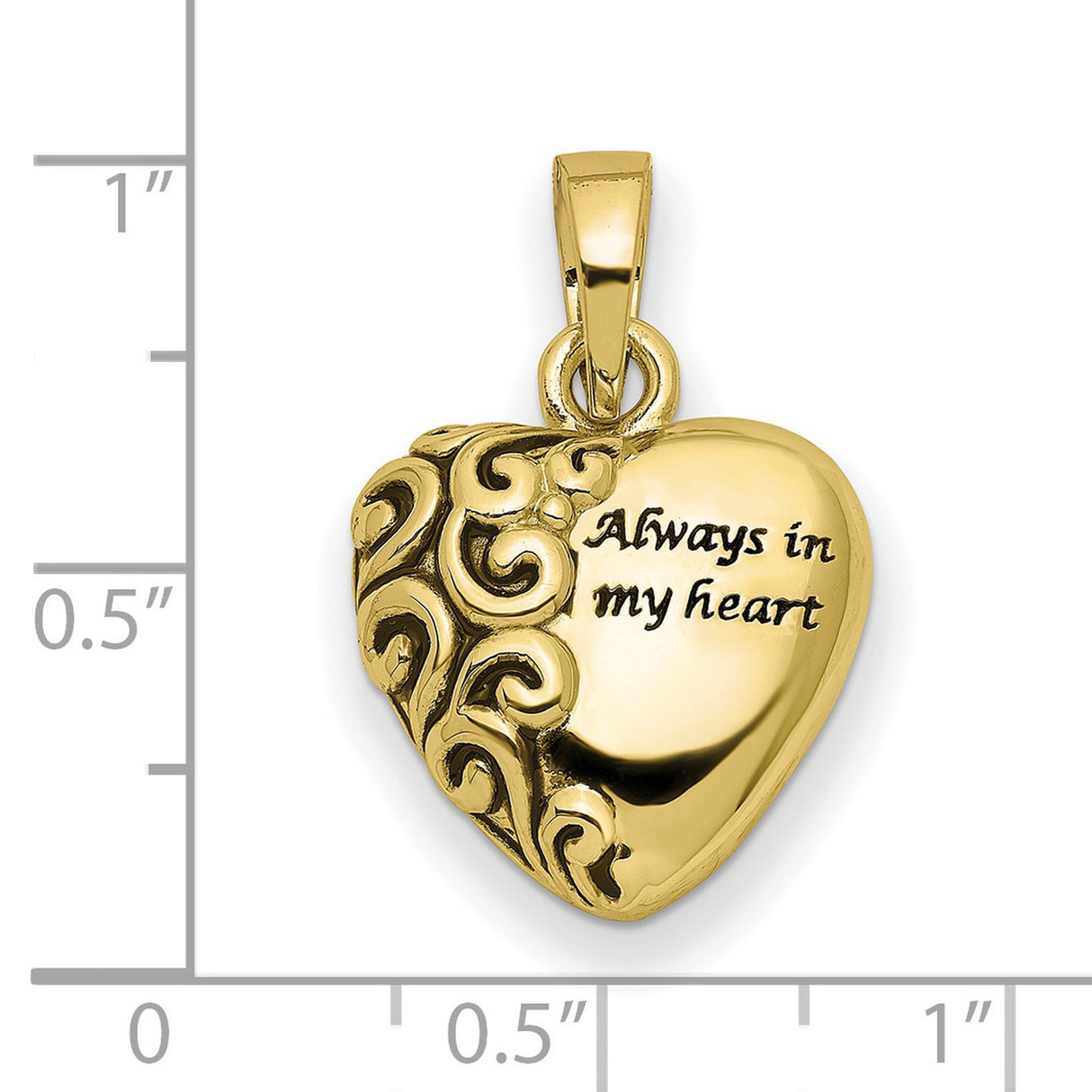 10k Yellow Gold Heart Pendant with Ornate Scroll Detailing, Always in My Heart Memorial Jewelry
