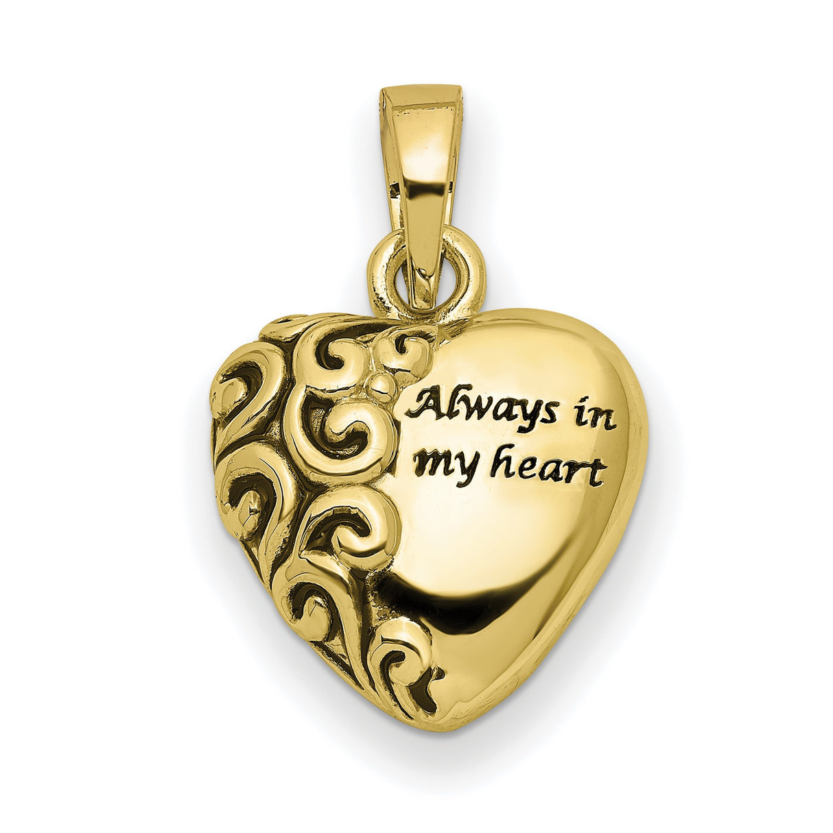 10k Yellow Gold Heart Pendant with Ornate Scroll Detailing, Always in My Heart Memorial Jewelry