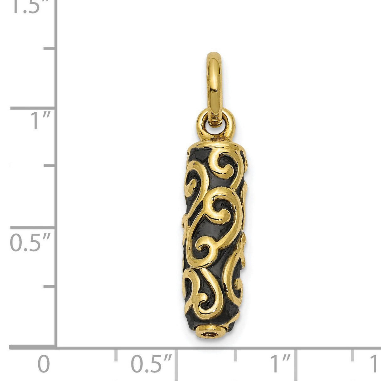10k Yellow Gold Cylinder Pendant with Black Enamel, Vintage Scrollwork Charm