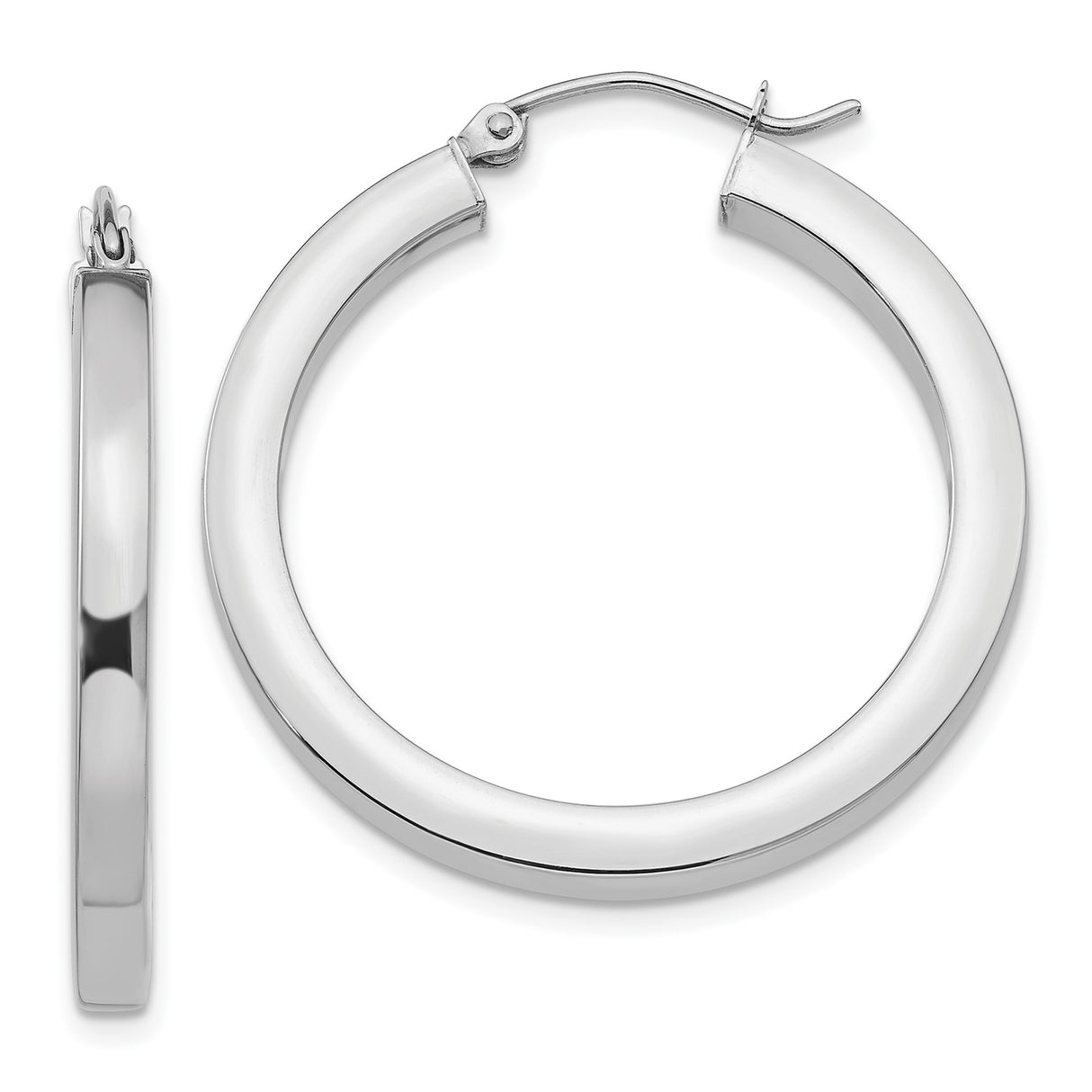 10k White Gold Hoop Earrings, Polished Round Tube with Hinged Latch Back, Lightweight Minimalist Style