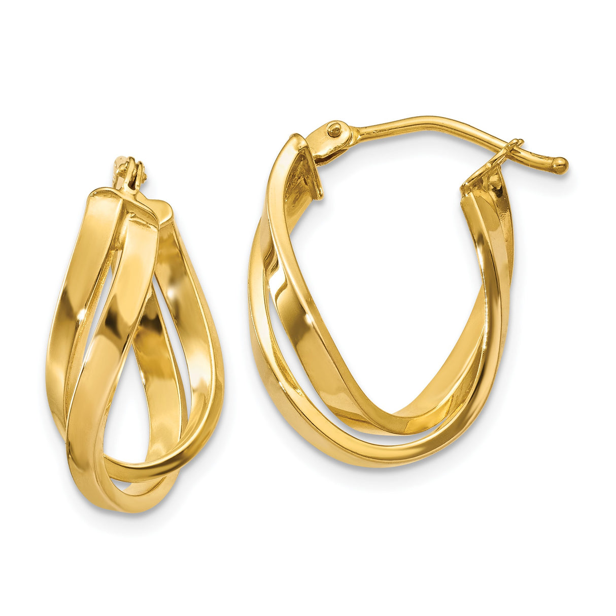 10k Yellow Gold Hoop Earrings with Twisted Polished Crossover Design for Women