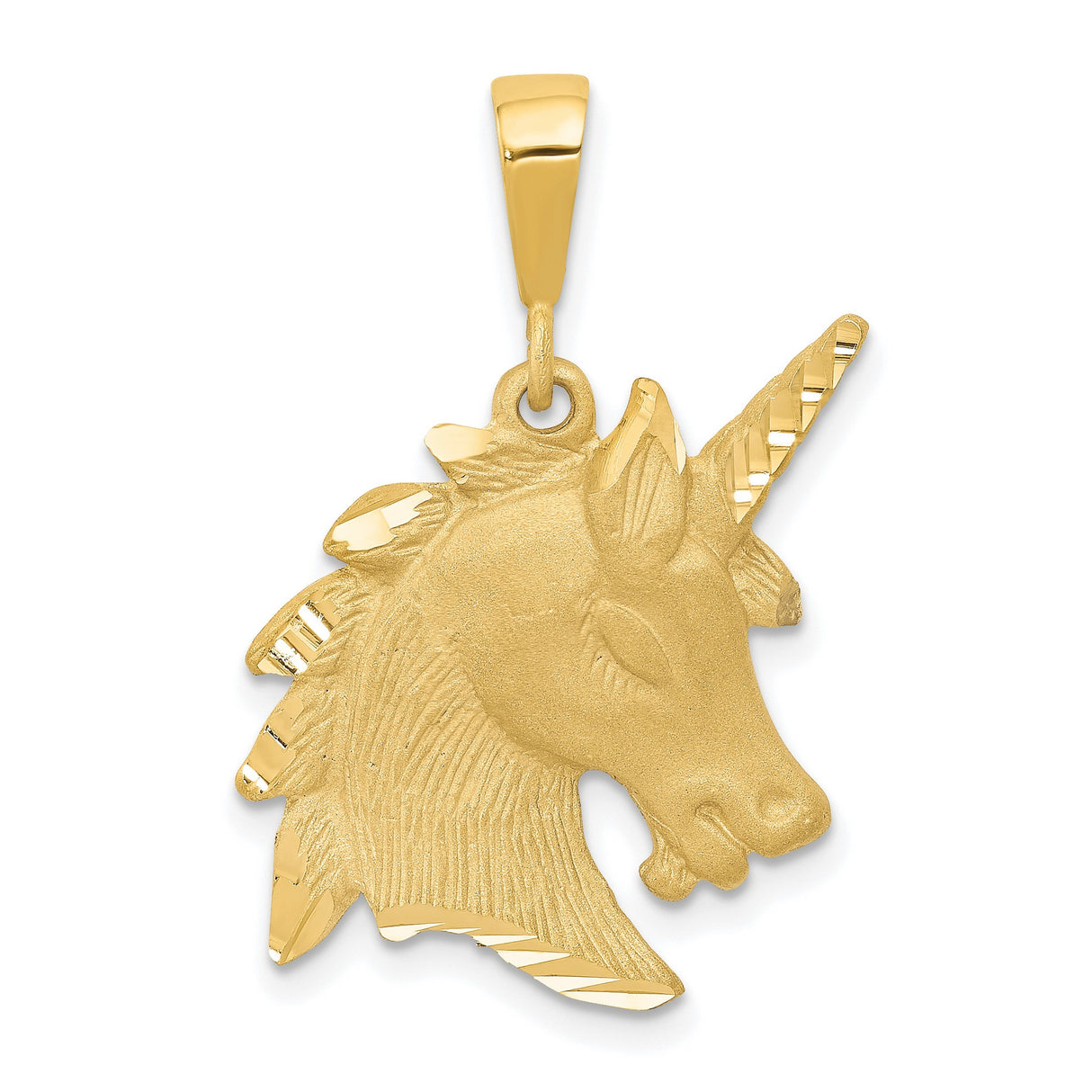 10k Yellow Gold Unicorn Head Pendant, Textured Diamond Cut Finish, Fantasy Jewelry for Women or Girls