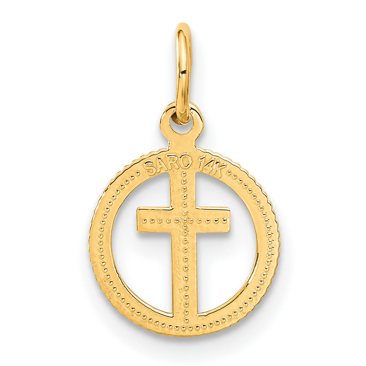 10k Yellow Gold Cross Pendant with Textured Circle Frame and Matte Finish for Men and Women
