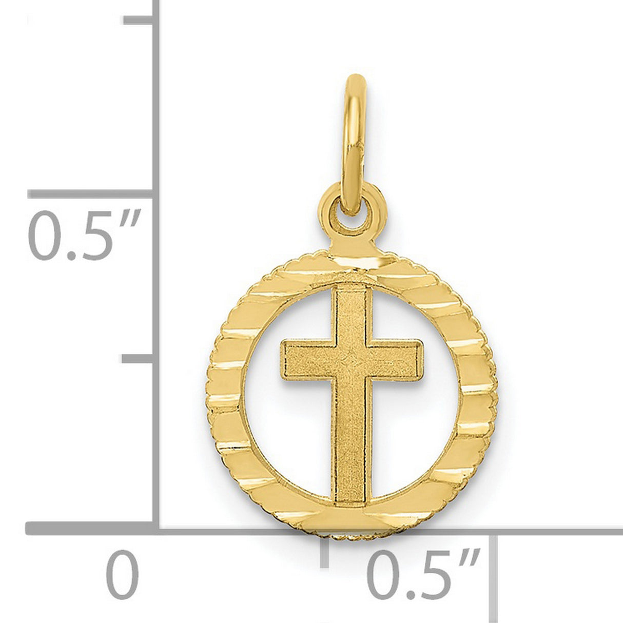 10k Yellow Gold Cross Pendant with Textured Circle Frame and Matte Finish for Men and Women