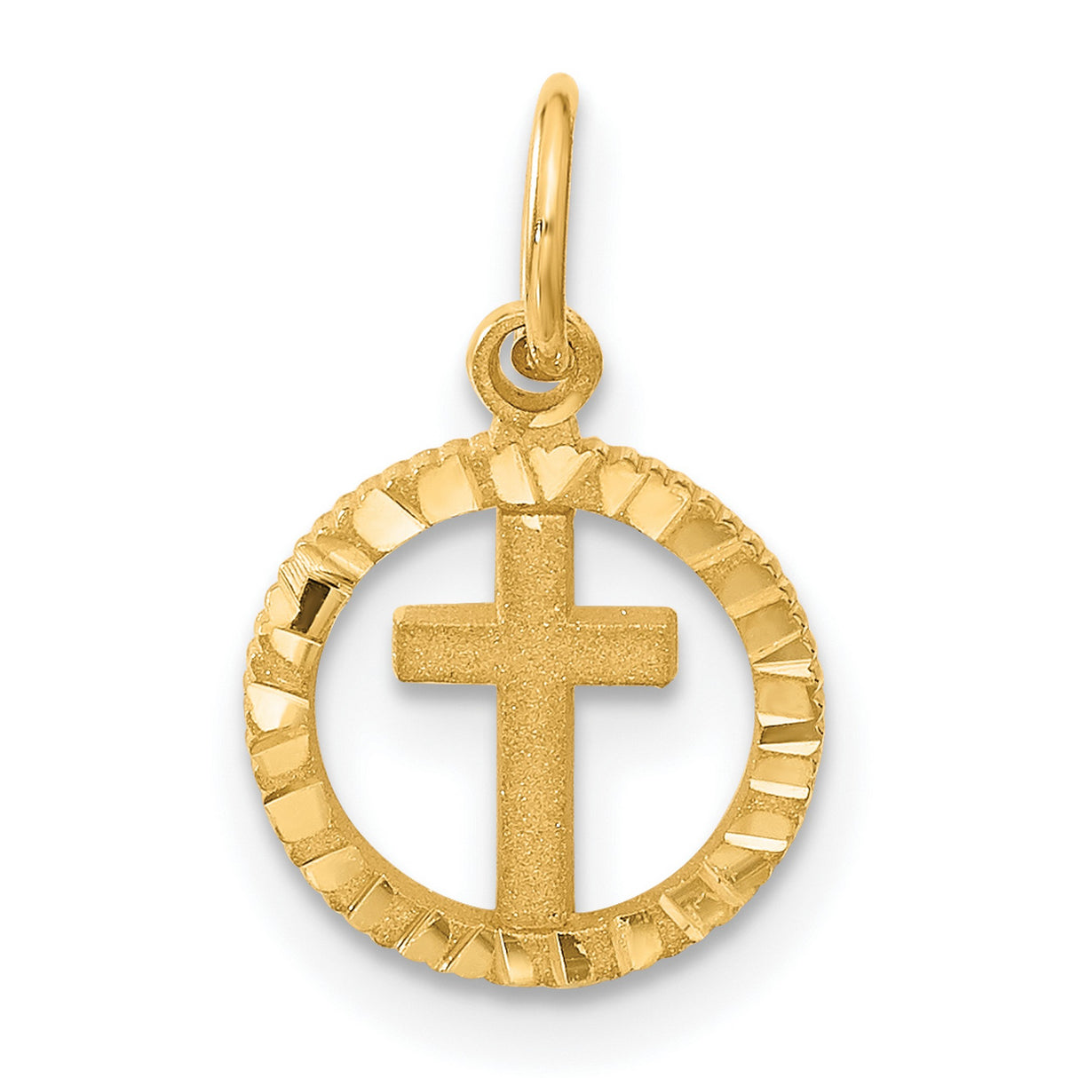 10k Yellow Gold Cross Pendant with Textured Circle Frame and Matte Finish for Men and Women