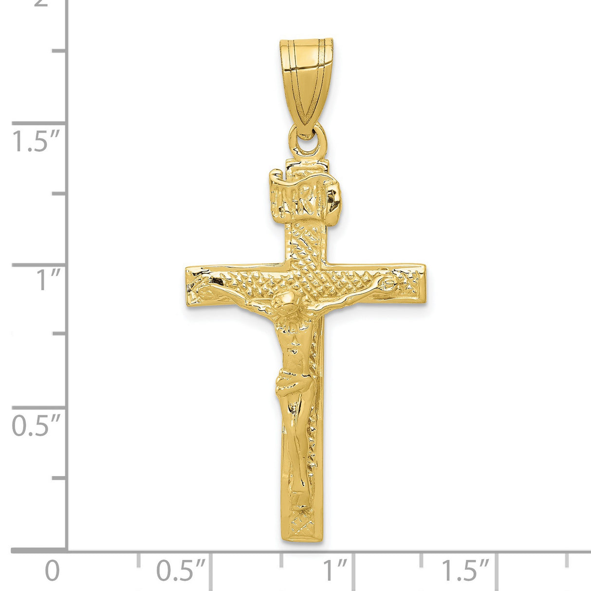 10k Yellow Gold Crucifix Pendant with INRI Jesus on Cross, Textured Religious Design