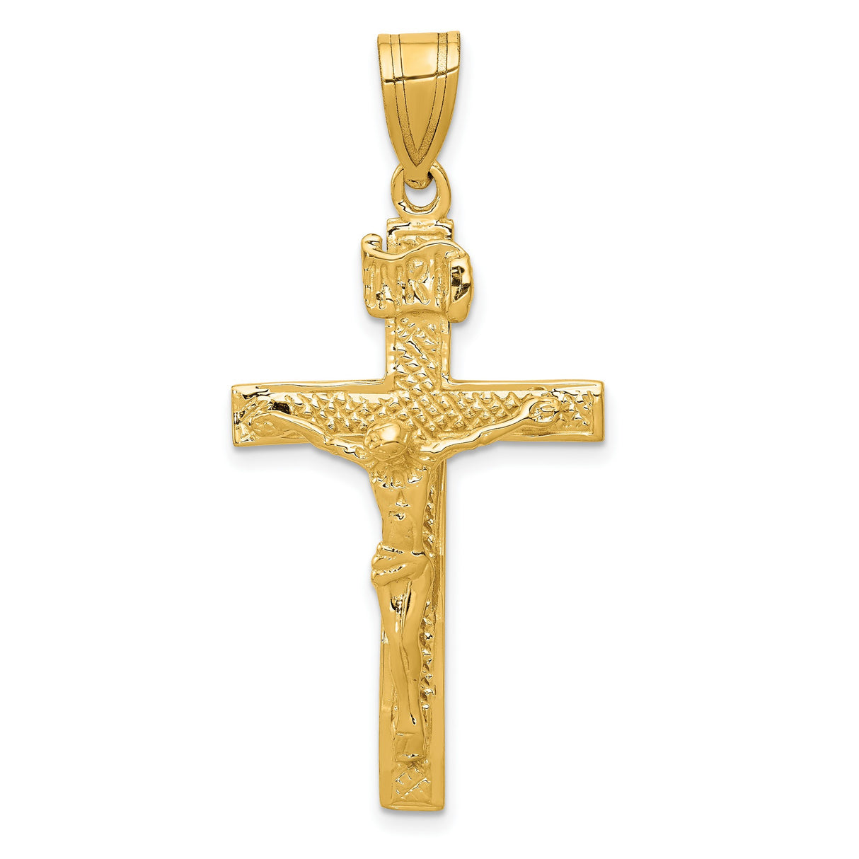 10k Yellow Gold Crucifix Pendant with INRI Jesus on Cross, Textured Religious Design