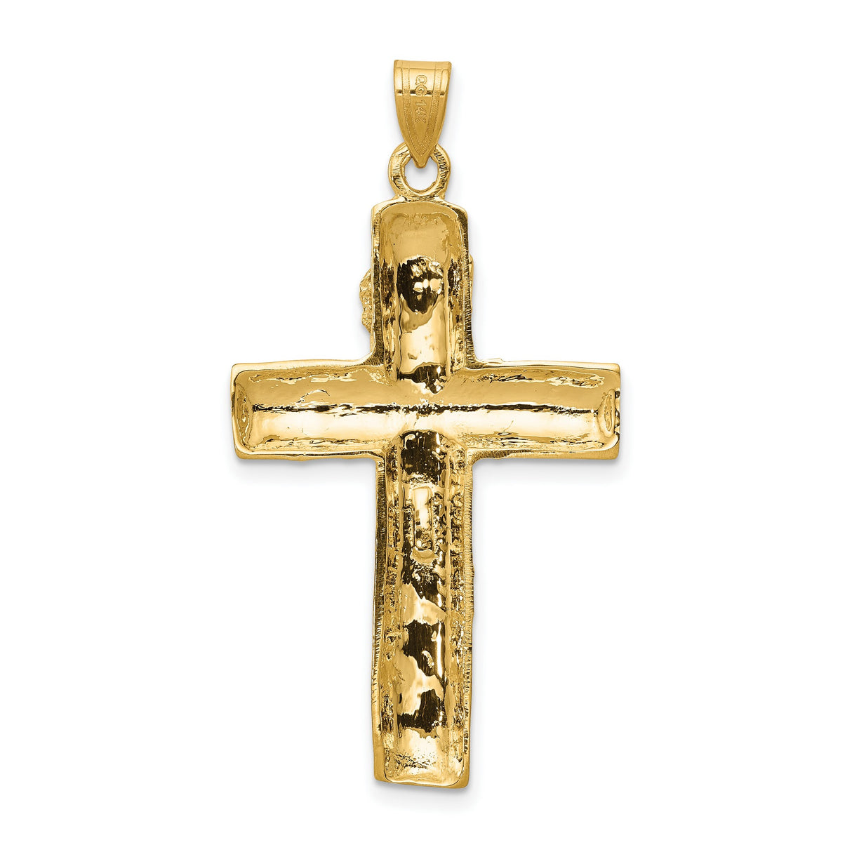 10k Yellow Gold Crucifix Cross Pendant with INRI Detail and Textured Wood Grain Design