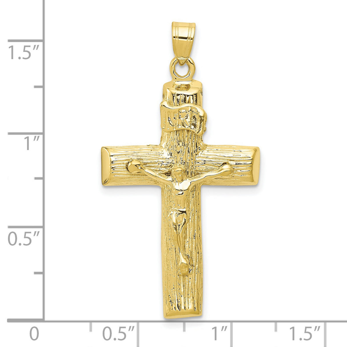 10k Yellow Gold Crucifix Cross Pendant with INRI Detail and Textured Wood Grain Design