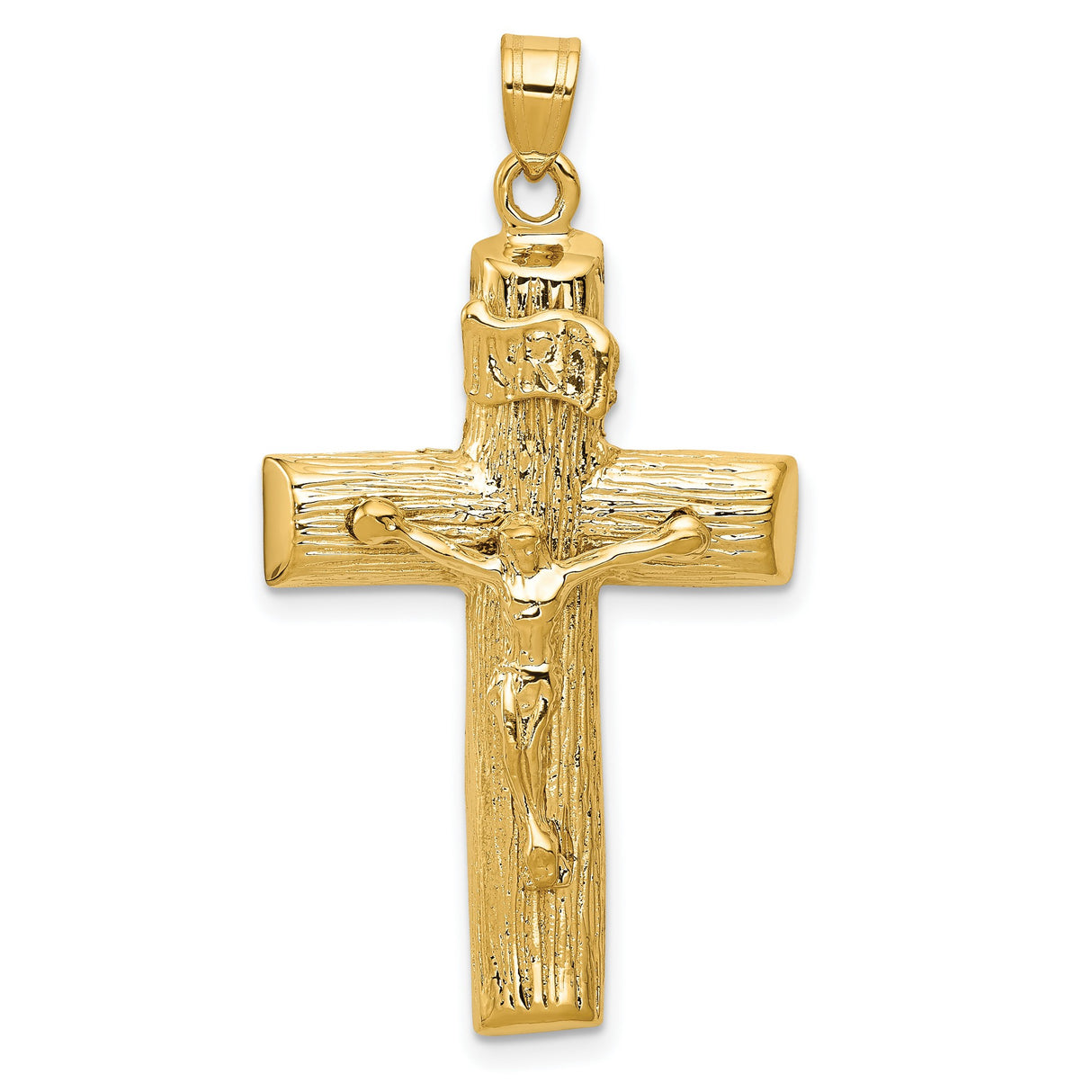 10k Yellow Gold Crucifix Cross Pendant with INRI Detail and Textured Wood Grain Design