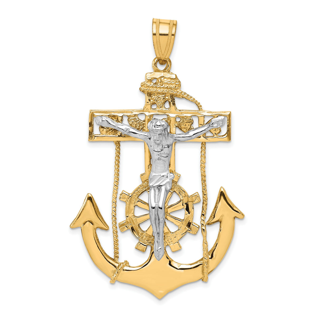 10k Multi-Tone Gold Crucifix Anchor Pendant with Jesus Figure and Mariner Cross Design