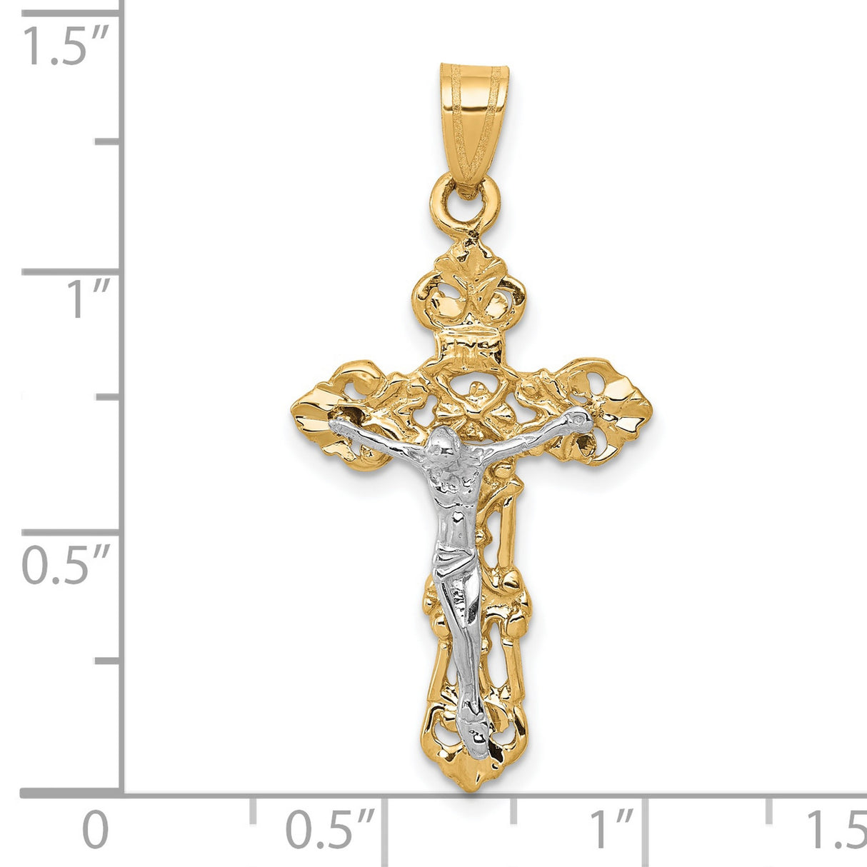 10k Two-Tone Gold Crucifix Cross Pendant with Jesus, Fleur de Lis Design, Religious Style