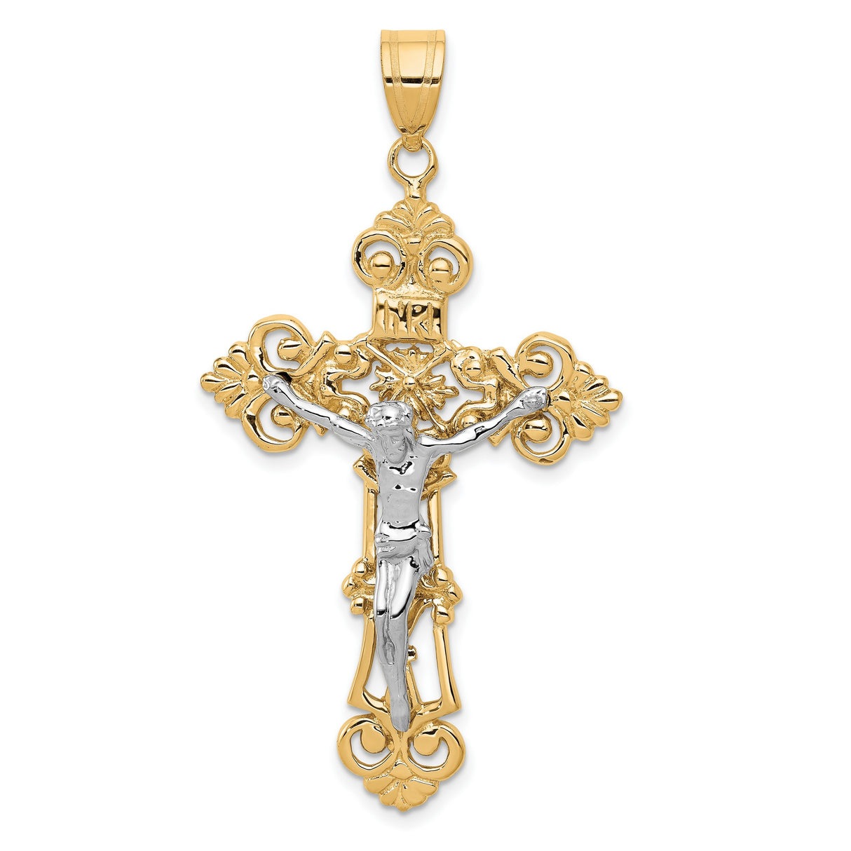 10k Two-Tone Gold Crucifix Pendant with Fleur-de-Lis Baroque Design