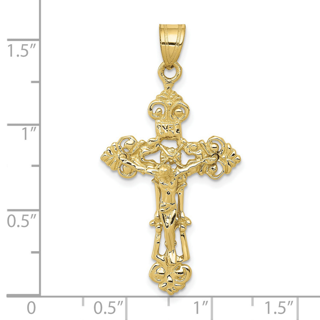 10k Yellow Gold Crucifix Pendant with Raised Jesus and INRI Baroque Cross Charm