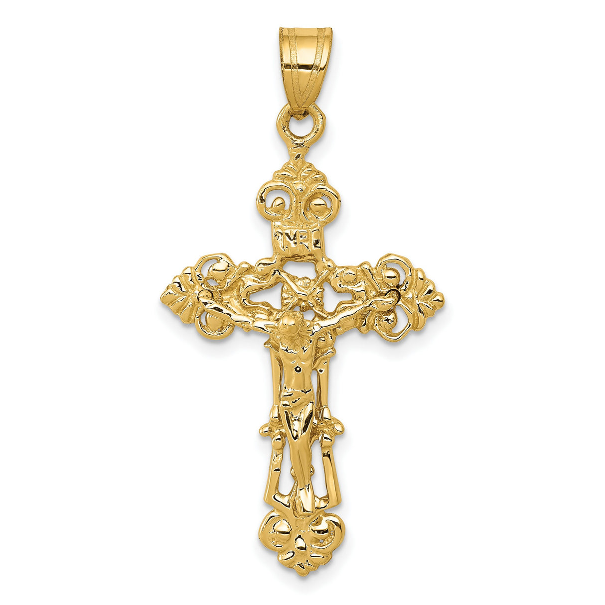 10k Yellow Gold Crucifix Pendant with Raised Jesus and INRI Baroque Cross Charm