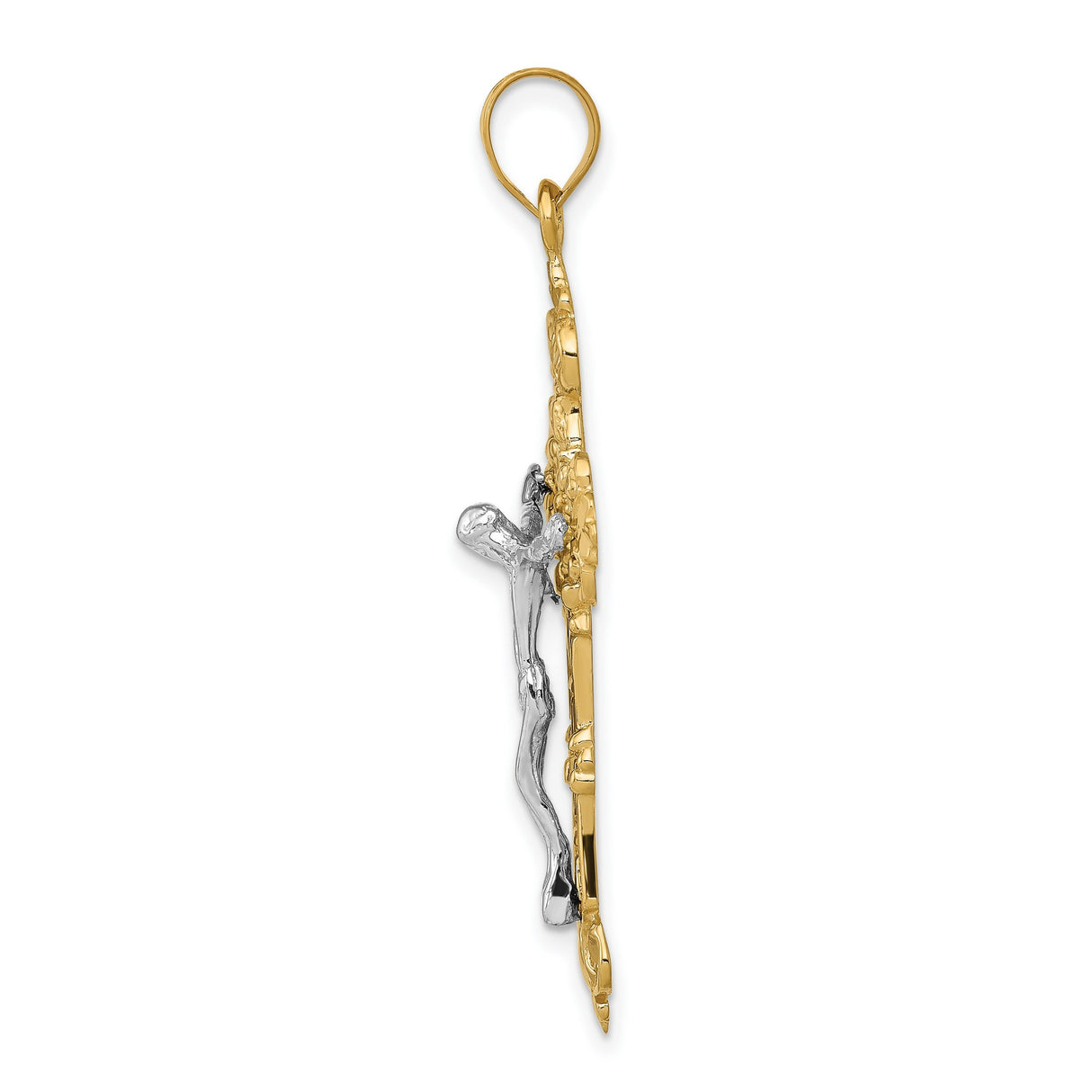 10k Yellow Gold Crucifix Pendant, Fleur de Lis INRI Jesus High Relief Christian Charm