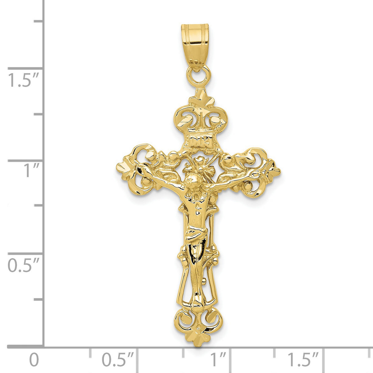 10k Yellow Gold Crucifix Pendant, Fleur de Lis INRI Jesus High Relief Christian Charm