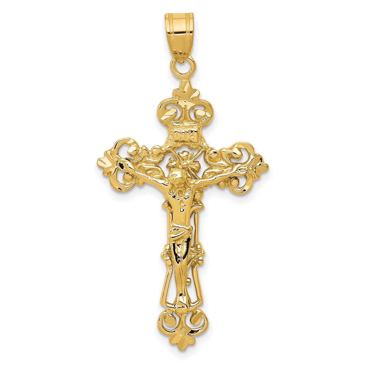 10k Yellow Gold Crucifix Pendant, Fleur de Lis INRI Jesus High Relief Christian Charm