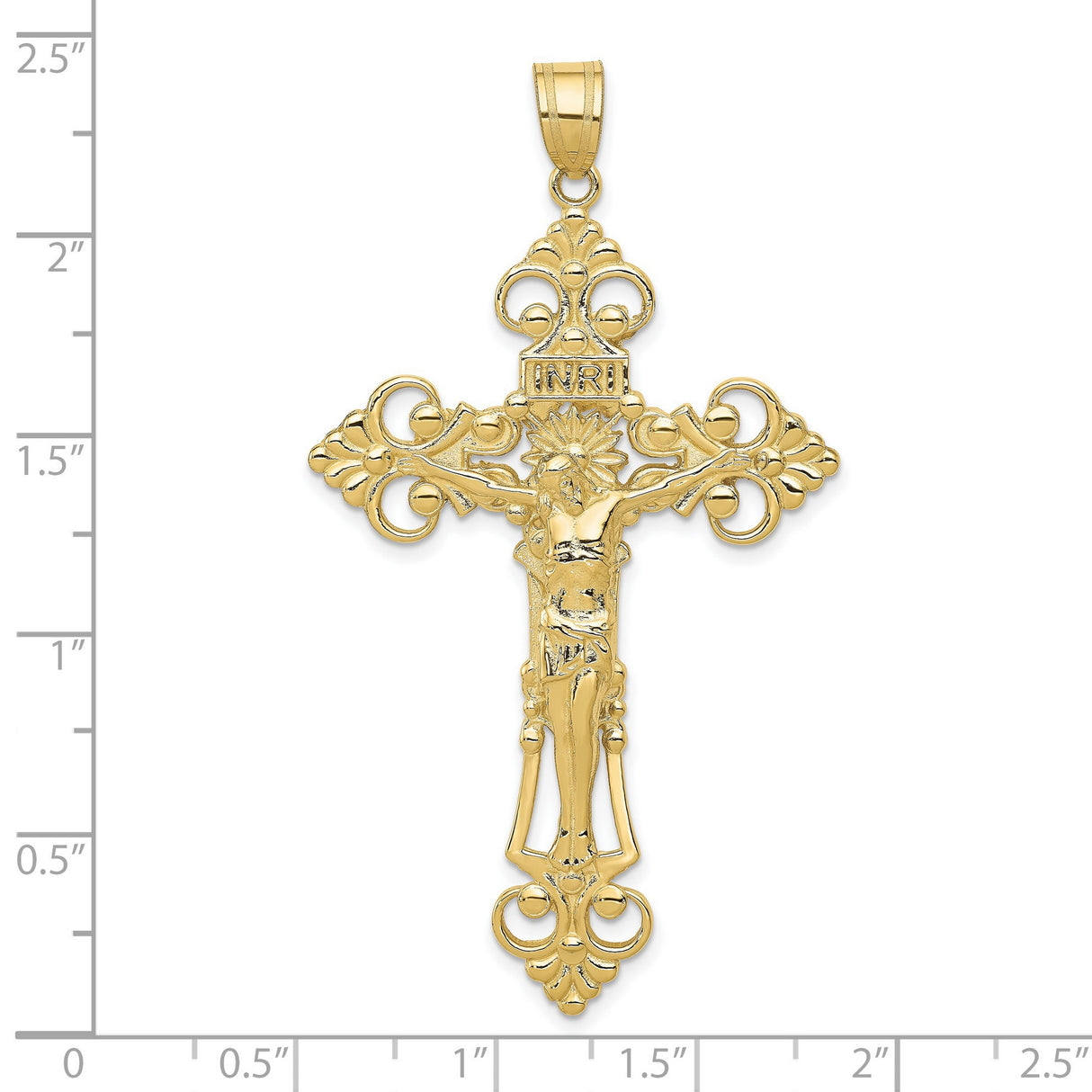 10k Yellow Gold Crucifix Pendant with INRI Jesus, Fleur de Lis and Baroque Filigree Design