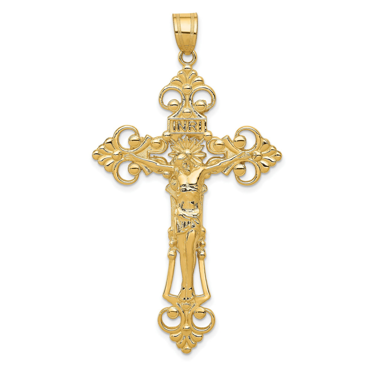 10k Yellow Gold Crucifix Pendant with INRI Jesus, Fleur de Lis and Baroque Filigree Design