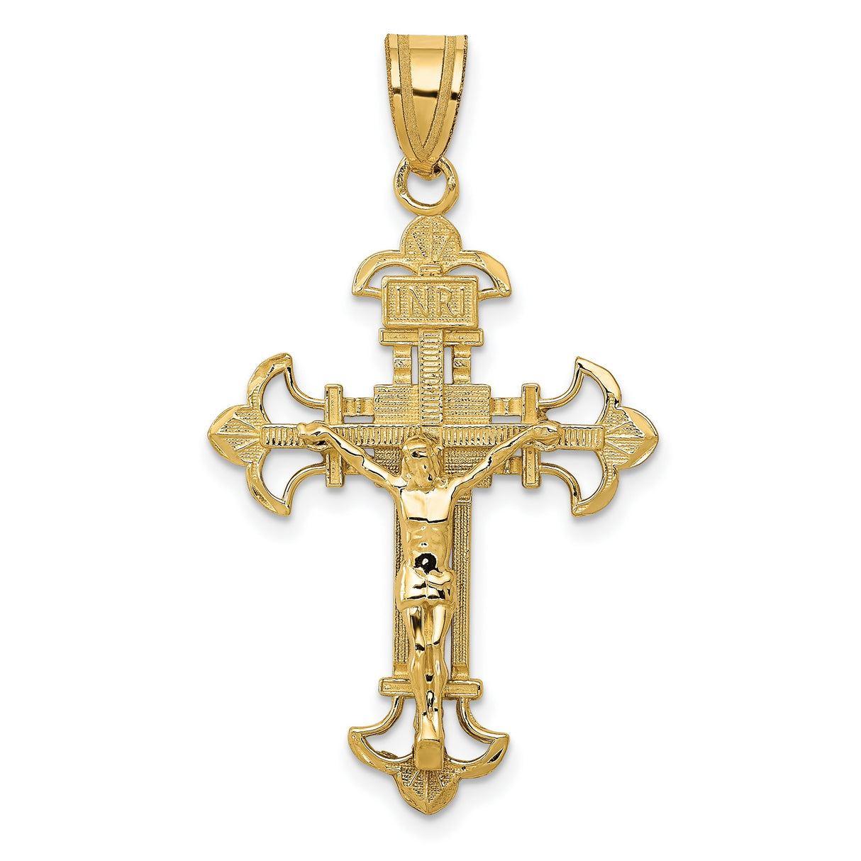 10k Yellow Gold Crucifix Pendant with Fleur de Lis Ends, INRI High Polish Christian Cross