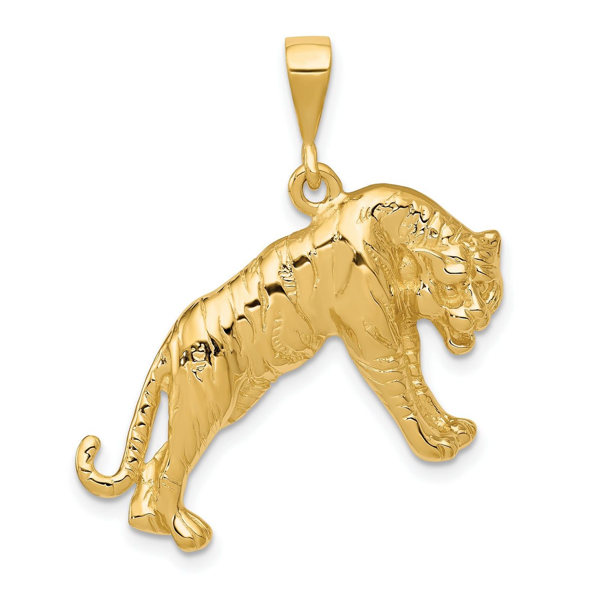 10k Yellow Gold Walking Tiger Pendant, Bold Jungle Cat Design for Men or Unisex