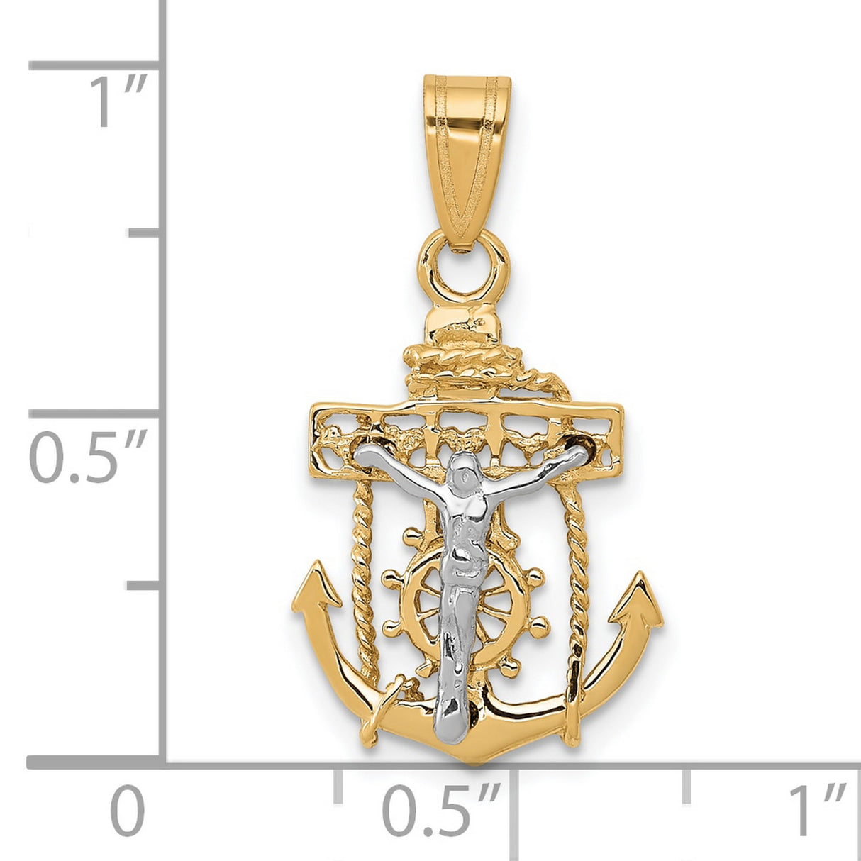 10k Two-Tone Gold Anchor Cross Pendant with Nautical Jesus, Rope, and Ship Wheel Accents