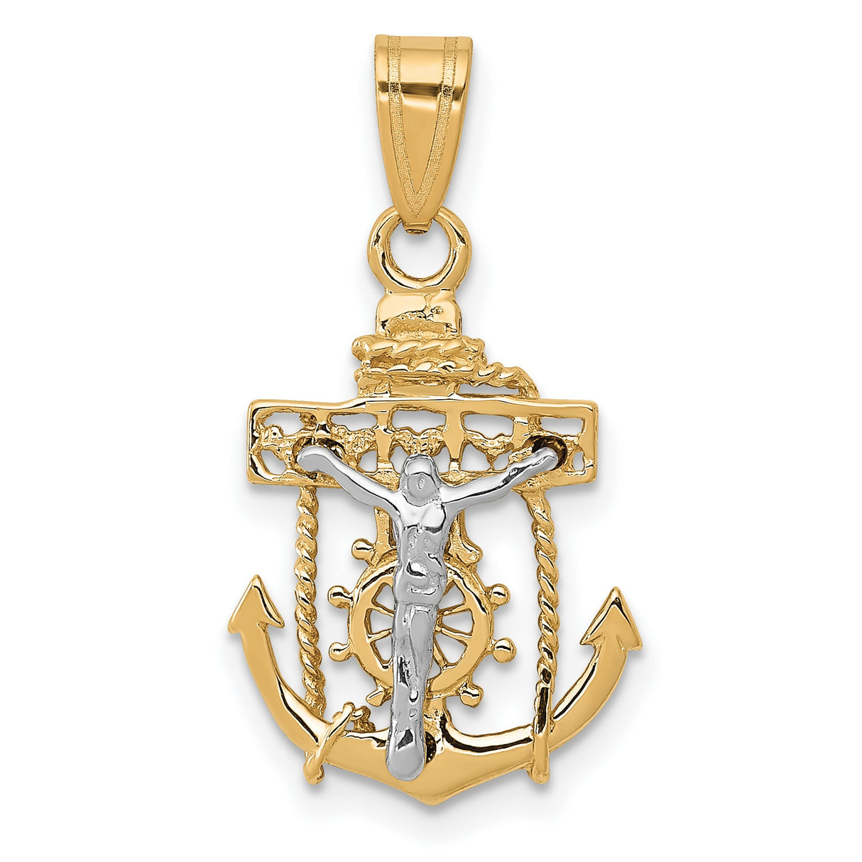 10k Two-Tone Gold Anchor Cross Pendant with Nautical Jesus, Rope, and Ship Wheel Accents