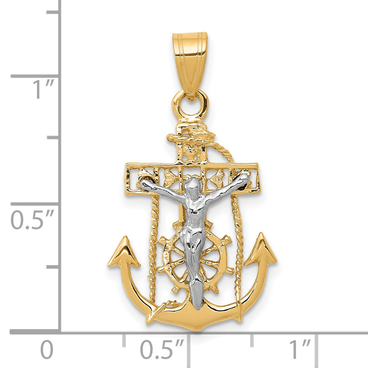 10k Two-Tone Gold Cross Pendant with Nautical Anchor Design and Rope Detail