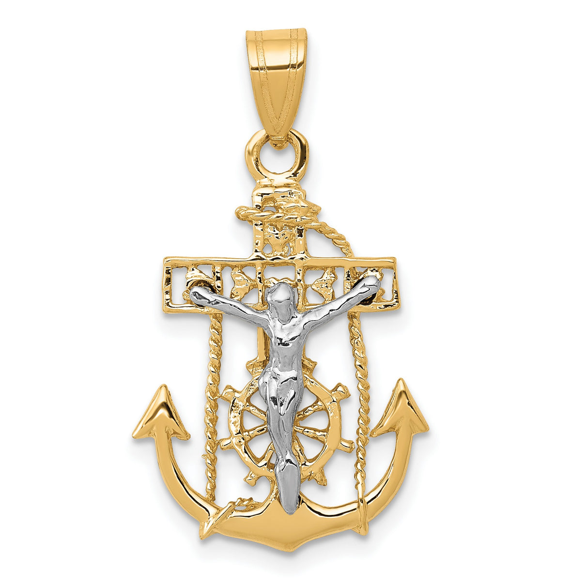 10k Two-Tone Gold Cross Pendant with Nautical Anchor Design and Rope Detail