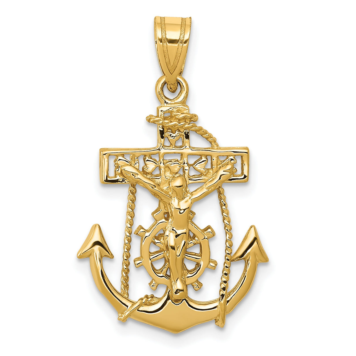 10k Yellow Gold Anchor Crucifix Pendant with Rope Detail, Nautical Christian Symbol