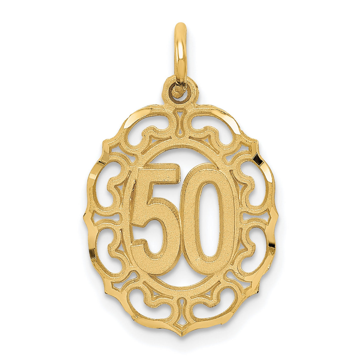 10k Yellow Gold 50 Pendant, Filigree Oval Frame Charm, Milestone Birthday or Anniversary Jewelry