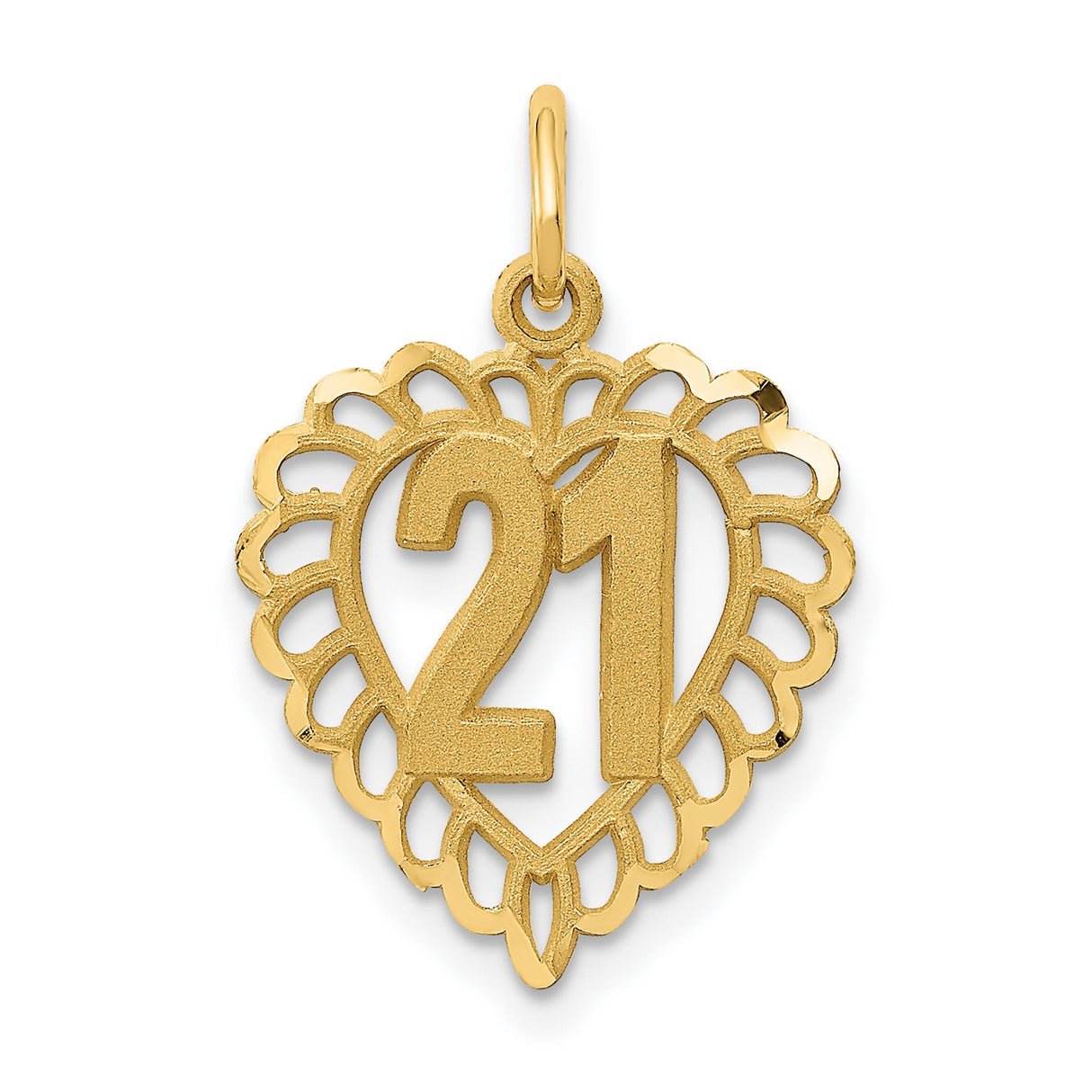 10k Yellow Gold Heart Shaped Number 21 Pendant, Filigree Border, 21st Birthday Charm for Women