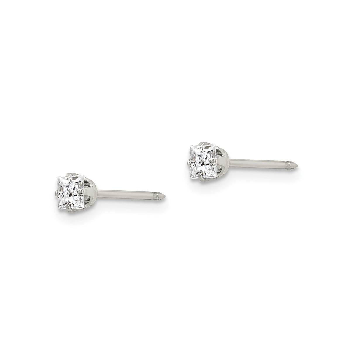 Stainless Steel Stud Earrings with Clear Princess Cut Cubic Zirconia, Four Prong Setting, Hypoallergenic Design