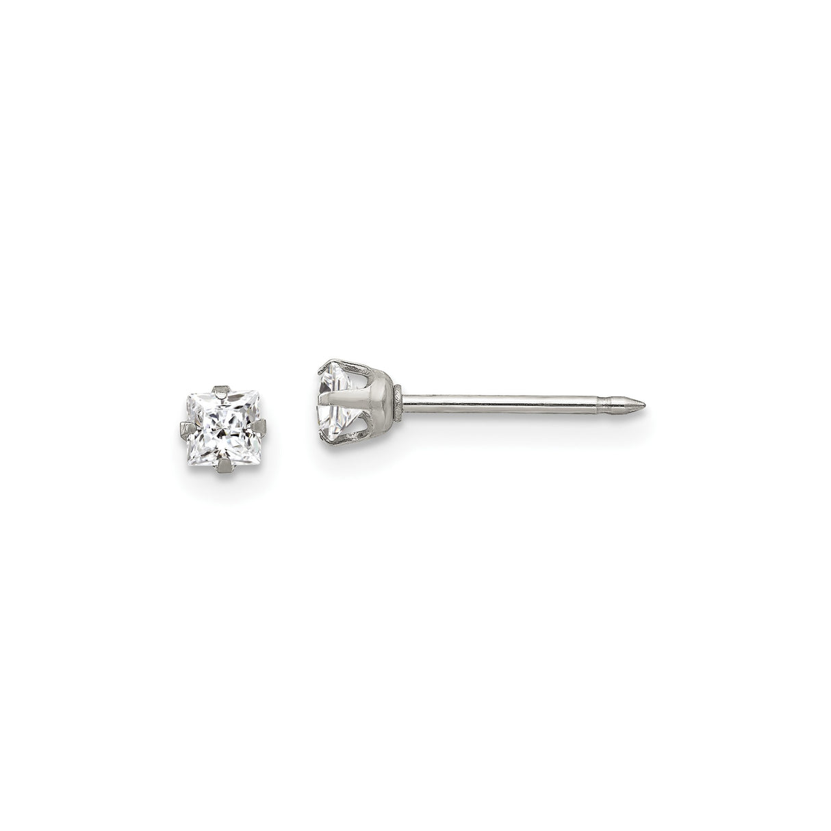 Stainless Steel Stud Earrings with Clear Princess Cut Cubic Zirconia, Four Prong Setting, Hypoallergenic Design