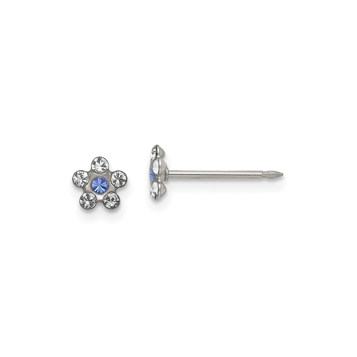 Stainless Steel Stud Earrings with Blue and Clear Crystals, Floral Design, Hypoallergenic for Women