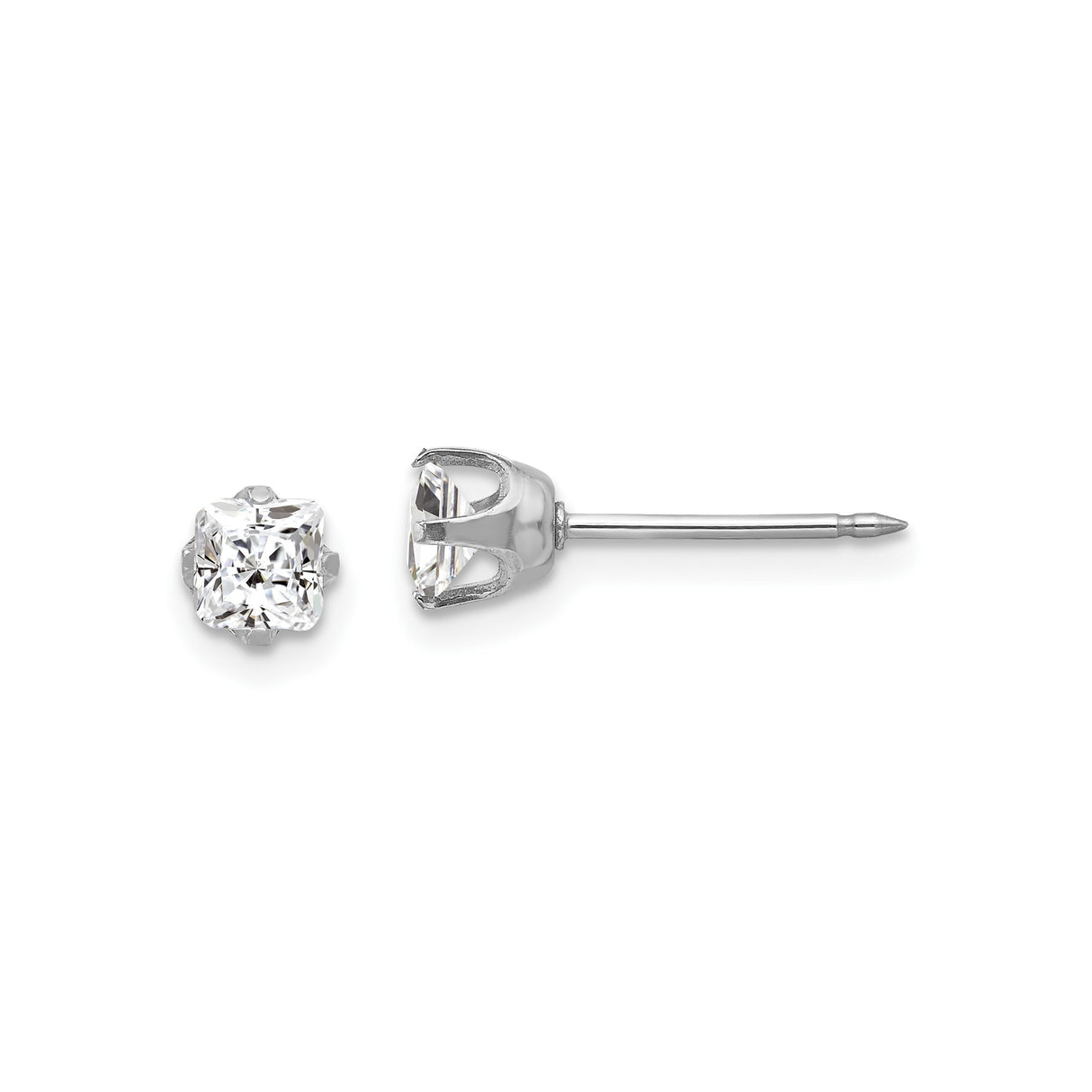 14k White Gold Stud Earrings, Square Cut Clear Gemstone, Classic Four Prong Setting