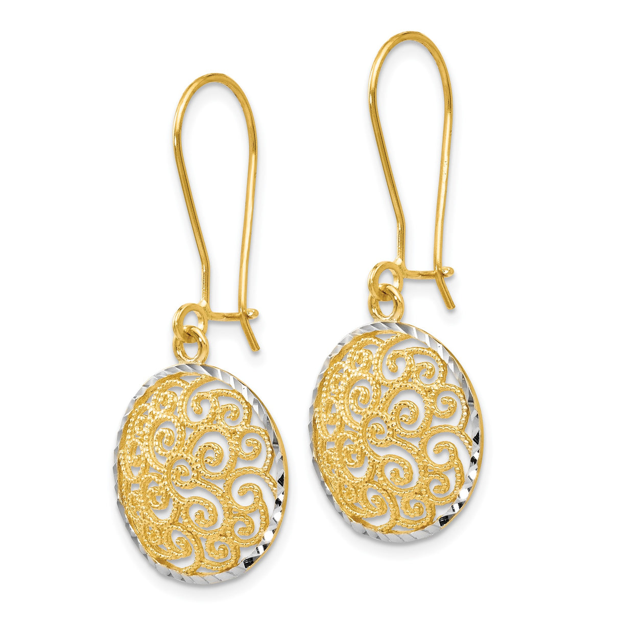 14k Two Tone Gold Dangle Earrings with Openwork Swirl Filigree Round Disc Design