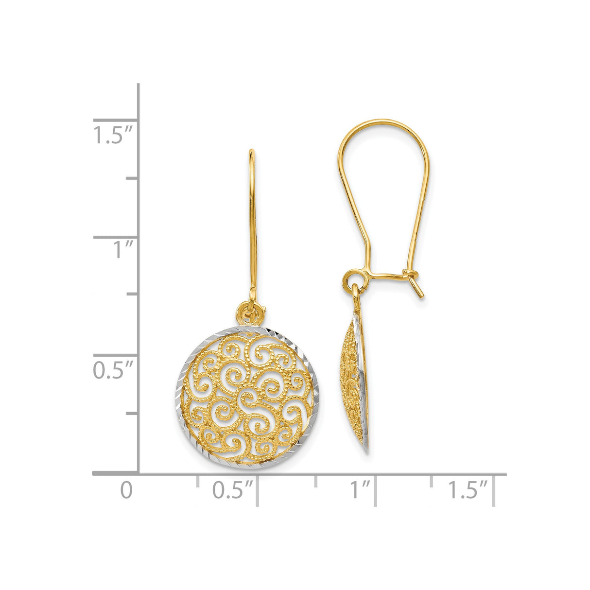 14k Two Tone Gold Dangle Earrings with Openwork Swirl Filigree Round Disc Design