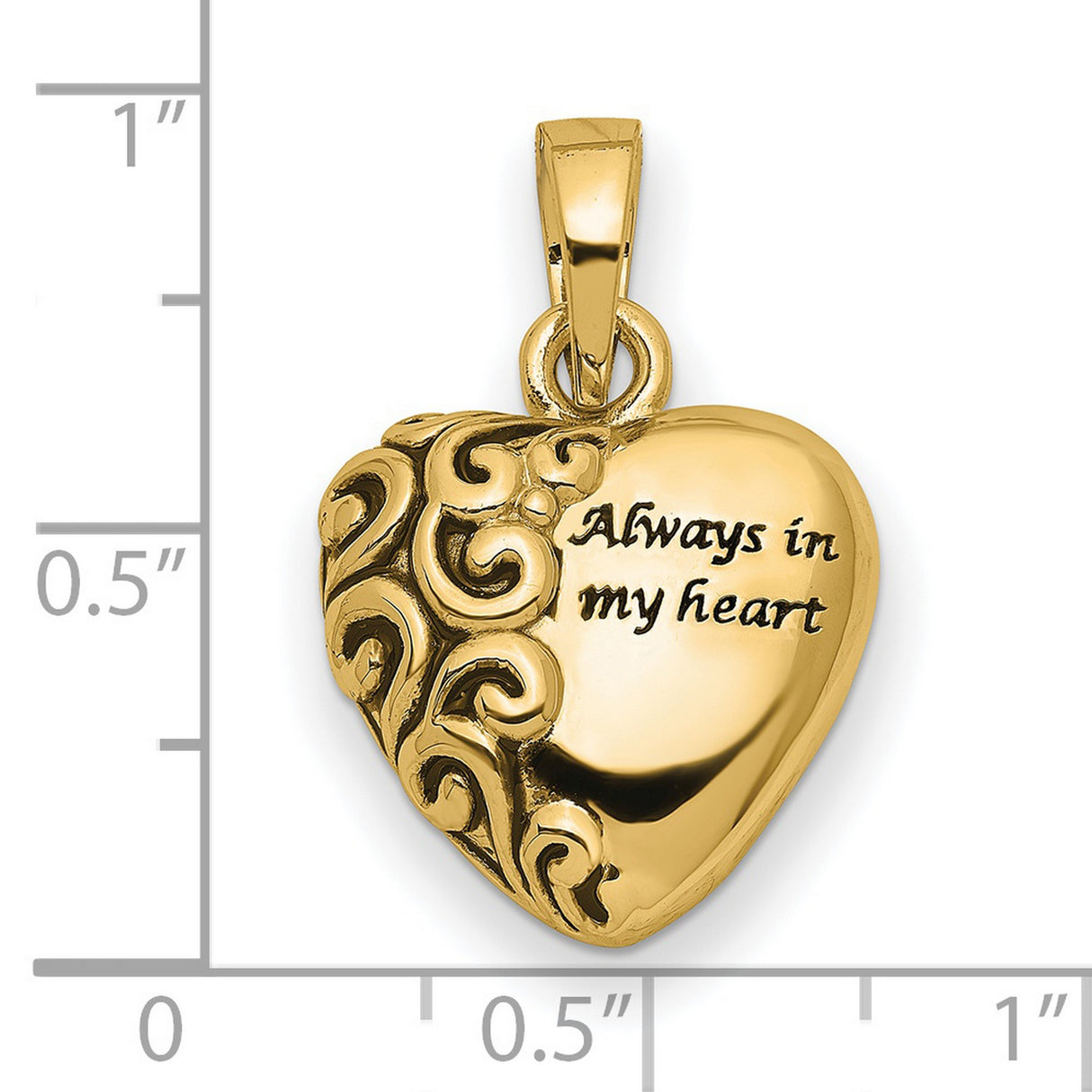 14k Yellow Gold Heart Pendant with Scroll Detailing and Always in My Heart Engraving for Women