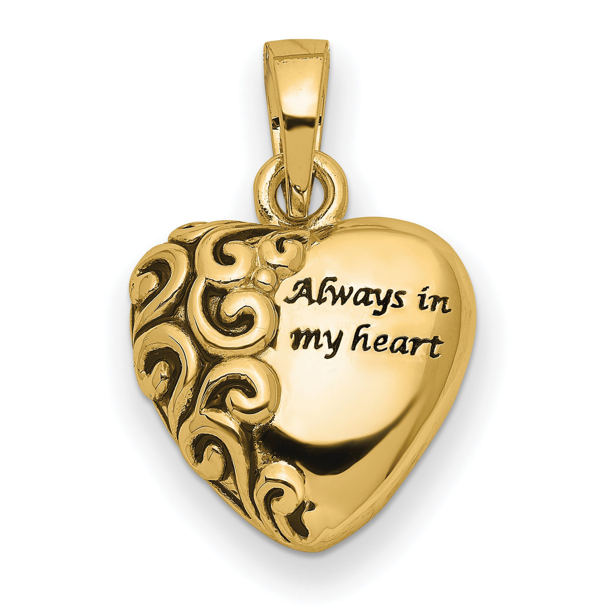 14k Yellow Gold Heart Pendant with Scroll Detailing and Always in My Heart Engraving for Women