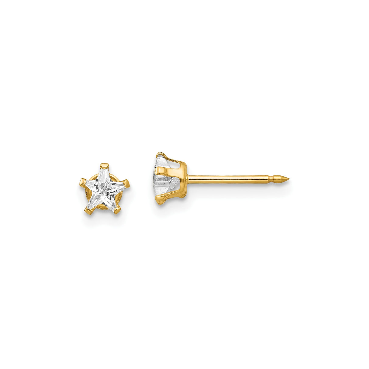 14k Yellow Gold Star Stud Earrings with Clear Gemstone Center, Celestial Design for Women